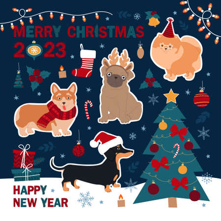 Merry Christmas and Happy New Year 2023. Set of cute stickers with dogs and Christmas elements. modern flat illustration.のイラスト素材
