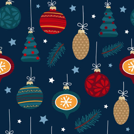Christmas seamless vector pattern with Christmas decorations. For fabrics, wrapping paper, wallpapers.のイラスト素材