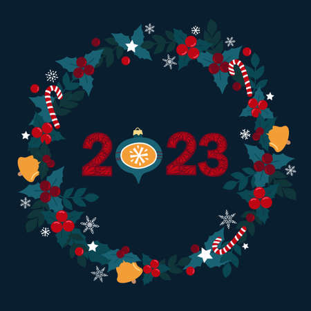 Christmas wreath with different elements. Cute hand drawn illustration.のイラスト素材