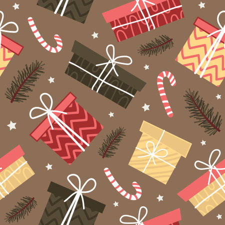 Christmas seamless vector pattern with gifts and Christmas elements. For fabrics, wrapping paper, wallpapers.のイラスト素材