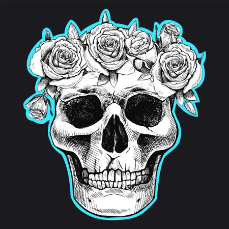 Hand drawn skull in a wreath of flowers. Vector graphic sticker illustration.のイラスト素材