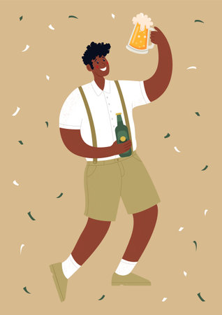 A black man is holding a glass and a bottle of beer. A man is having fun at a party. Flat vector illustration.のイラスト素材