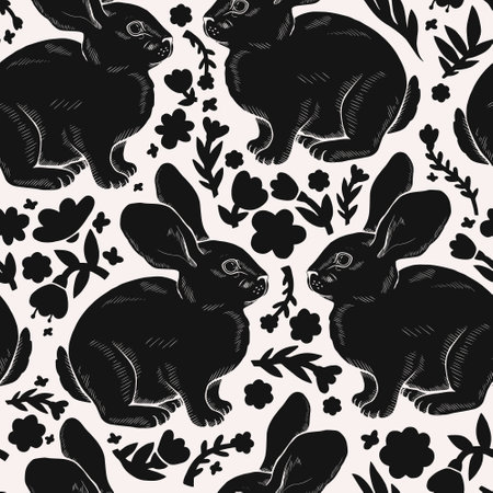 Seamless vector pattern of drawn rabbits and flowers. Simple black and white illustration.のイラスト素材