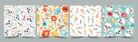 Vector set of seamless patterns for the day of the dead. Colorful cute illustrations with skull and flowers in trendy colors.のイラスト素材