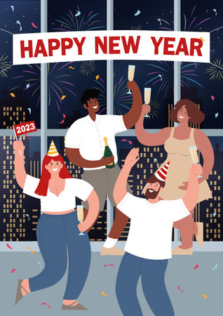 Happy New Year vertical banner. Different people drink champagne and dance. Vector flat vector illustration.のイラスト素材