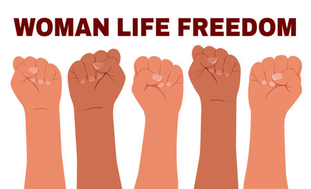 Poster with female hands clenched into a fist and the slogan - Woman, life, freedom. Female protesters' hands raise their fists. Women's rights. Vector flat modern illustration.のイラスト素材