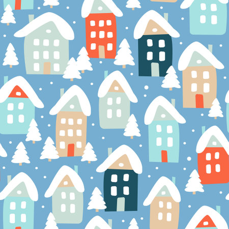 Winter seamless pattern of cute houses and snowy fir trees. Modern simple flat vector illustration.のイラスト素材