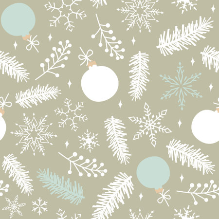 Green seamless pattern of fir branches, snowflakes and Christmas toys. Christmas vector illustration.のイラスト素材