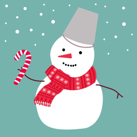 Cute snowman in a scarf with candy. Modern simple flat vector illustration.のイラスト素材