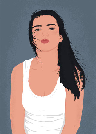 Portrait of a beautiful white woman with long black hair in a white blouse. Vector modern flat illustration.のイラスト素材