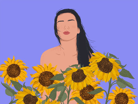 Woman with long black hair among sunflowers. modern flat illustration.のイラスト素材