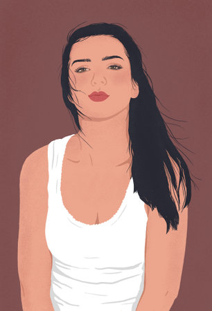 Portrait of a beautiful white woman with long black hair in a white blouse. modern flat illustration.の写真素材