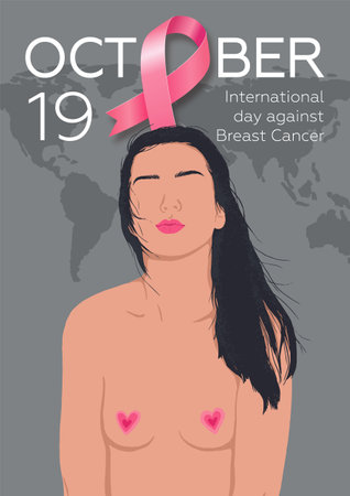 World Breast Cancer Awareness Month. Poster with pink ribbon and woman. vector illustration.のイラスト素材