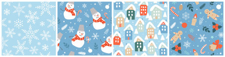 Set of seamless cute Christmas patterns. Modern flat vector illustrations for wrapping paper, fabrics.のイラスト素材