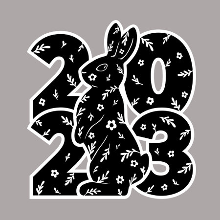 2023 logo with rabbit and flowers. Romantic, cute, and stylish black and white icon. The Chinese new year 2023. Vector graphic illustration.のイラスト素材