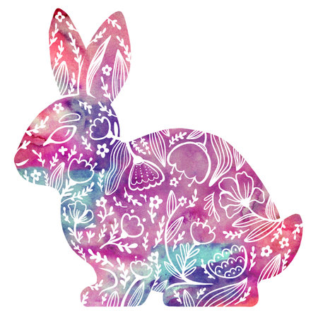 Watercolor rabbit in leaves and flowers. Silhouette of a hare. The Chinese new year 2023. Hand-drawn graphic illustration.の写真素材