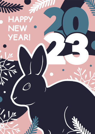Greeting poster with the inscription Happy New Year 2023. Vector modern colorful illustration with a rabbit.のイラスト素材