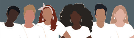 A group of diverse people with different skin colors stand together in white t-shirts. All people are equal. Modern flat vector illustration.のイラスト素材