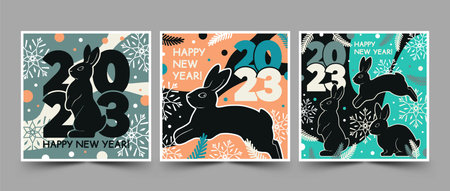Happy New Year 2023 cards set with rabbit. Vector illustration in trendy colors.