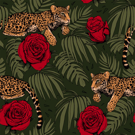 Leopards on the branches of a tree. Seamless pattern of tropical leaves, flowers, and leopards. A modern bright illustration in trendy colors.のイラスト素材
