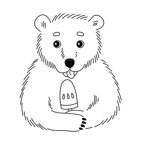 A cute teddy bear licks ice cream. Vector hand-drawn line illustration.のイラスト素材
