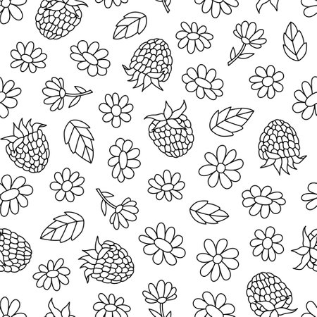 Seamless pattern of hand-drawn raspberry berries and flowers. Black and white outline vector illustration.のイラスト素材
