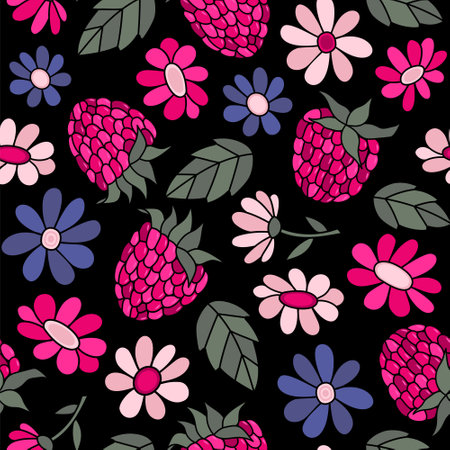 Seamless pattern of simple hand-drawn raspberry berries and flowers. Bright vector illustration.のイラスト素材