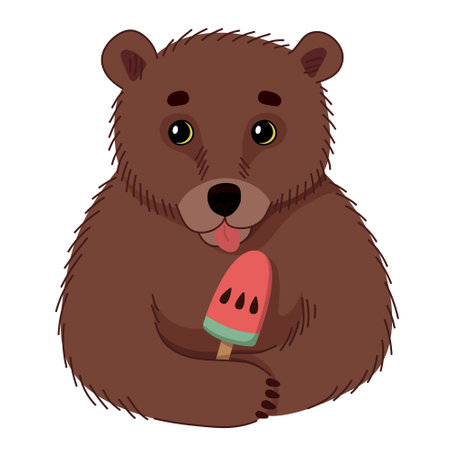 A cute teddy bear licks ice cream. Vector hand-drawn colorful flat modern illustration.のイラスト素材