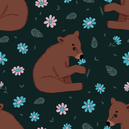 Seamless pattern with a cute little bear with flowers. Hand-drawn colorful flat vector illustration.のイラスト素材