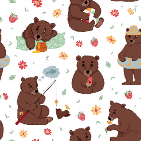 The cute bears are on summer vacation. Seamless pattern with cute little bears with flowers, fruits, and leaves. Hand-drawn colorful flat vector illustration.のイラスト素材