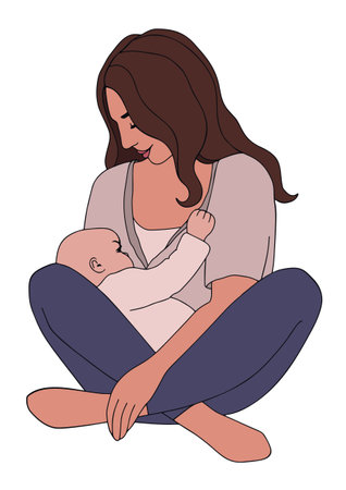 A woman holds a newborn baby. Delicate modern vector illustration isolated on white background.のイラスト素材