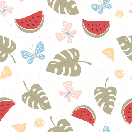 Summer seamless pattern of monstera leaves, watermelons, lemons, butterflies, and seashells. For...