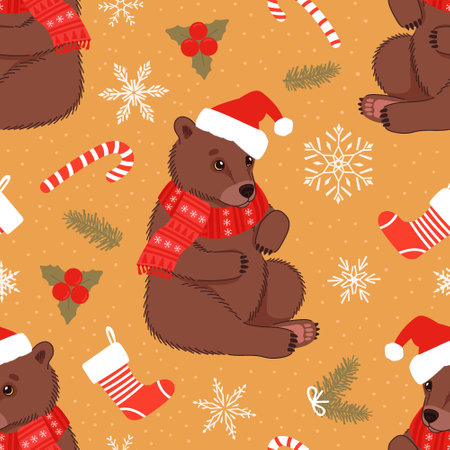 Seamless pattern with cute bears in a Christmas hat and scarf with Christmas elements. Vector flat illustration.のイラスト素材