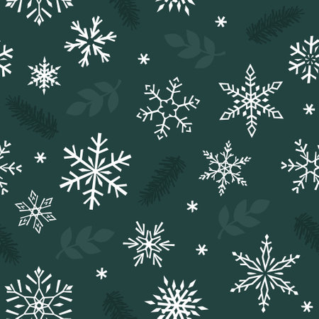 Seamless vector pattern with snowflakes, leaves, and spruce. Green Christmas drew illustration background. For fabrics, wrapping paper, and wallpapers.のイラスト素材