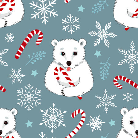 A seamless Christmas pattern with a white polar bear holding a candy cane. Winter vector modern illustration with snowflakes.のイラスト素材