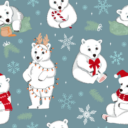 Seamless pattern with cute white polar bears and Christmas elements. Winter vector illustration for fabric, wrapping paper, and wallpaper.のイラスト素材