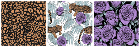 Set of beautiful seamless patterns of palm leaves, flowers, and leopards. A modern bright...