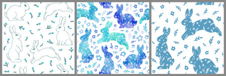 Watercolor drawing of a rabbit, flowers, and eggs. Gentle beautiful vector illustration. Set of seamless patterns for Happy Easter.のイラスト素材