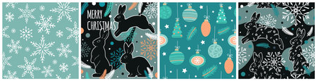 A set of Christmas card and seamless patterns of rabbits, snowflakes, Christmas decorations, stars, and fir branches. Modern flat illustrations in trendy colors.のイラスト素材