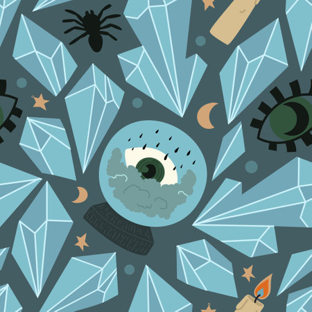 Seamless vector pattern with crystals, spiders, magic balls, eyes, and candles. Colorful flat illustration for Halloween. Witch things, Divination, fortune telling, magic.のイラスト素材