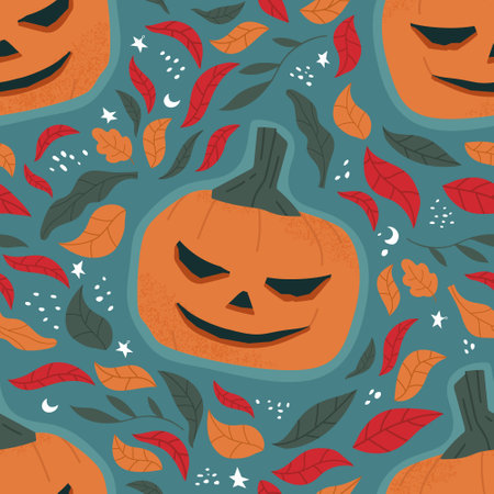 Seamless vector pattern with jack-o-lantern and autumn leaves. Beautiful flat illustration for Halloween. For wrapping paper, fabric, and wallpaper.のイラスト素材