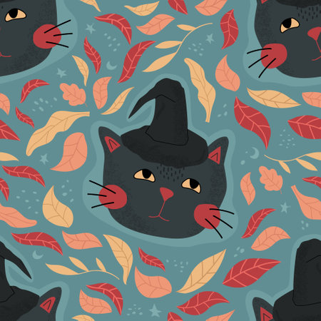Seamless vector pattern with a black cat in a witch hat and autumn leaves. Colorful flat illustration for Halloween.のイラスト素材