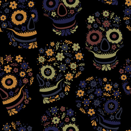 Seamless pattern with floral sugar skulls and flowers. The Day of the Dead. Beautiful colorful illustration.のイラスト素材