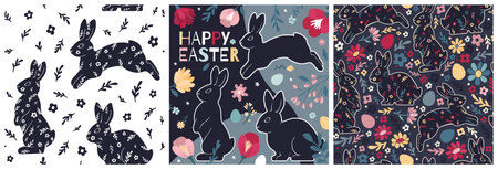 Happy Easter set of cards and seamless patterns. Colorful bright modern illustrations with rabbits, eggs, flowers, and text.のイラスト素材
