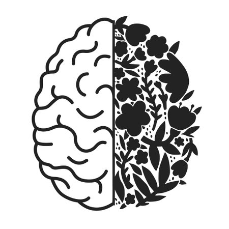mental health. A simple drawing of a brain half made of flowers. Modern vector black and white illustration.のイラスト素材