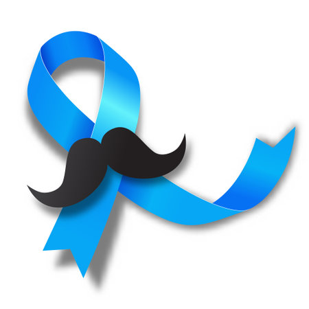 Prostate Cancer Awareness Month. Blue ribbon with a mustache. Vector illustration isolated on white.のイラスト素材