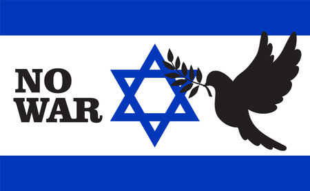 Banner against the war in Israel. Dove of peace and the inscription NO WAR on the background of the Flag of Israel. Vector illustration.のイラスト素材