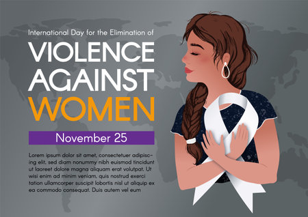 International Day for the Elimination of Violence Against Women. Banner with A cute girl holding a white ribbon in her hands. Hand-drawn vector colorful illustration. Support, love, and hope concept.のイラスト素材