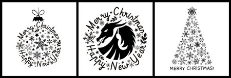 Set of Mary Christmas and Happy New Year cards! Vector graphic illustration with dragon. For greeting cards, flyers, invitations, posters, calendars, brochures, bannersのイラスト素材
