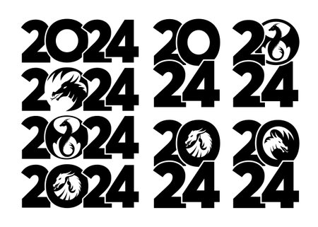 Big Set of 2024 with dragons. Icon with the symbol of the year. Simple, modern, black and white illustration. Chinese New Year.のイラスト素材